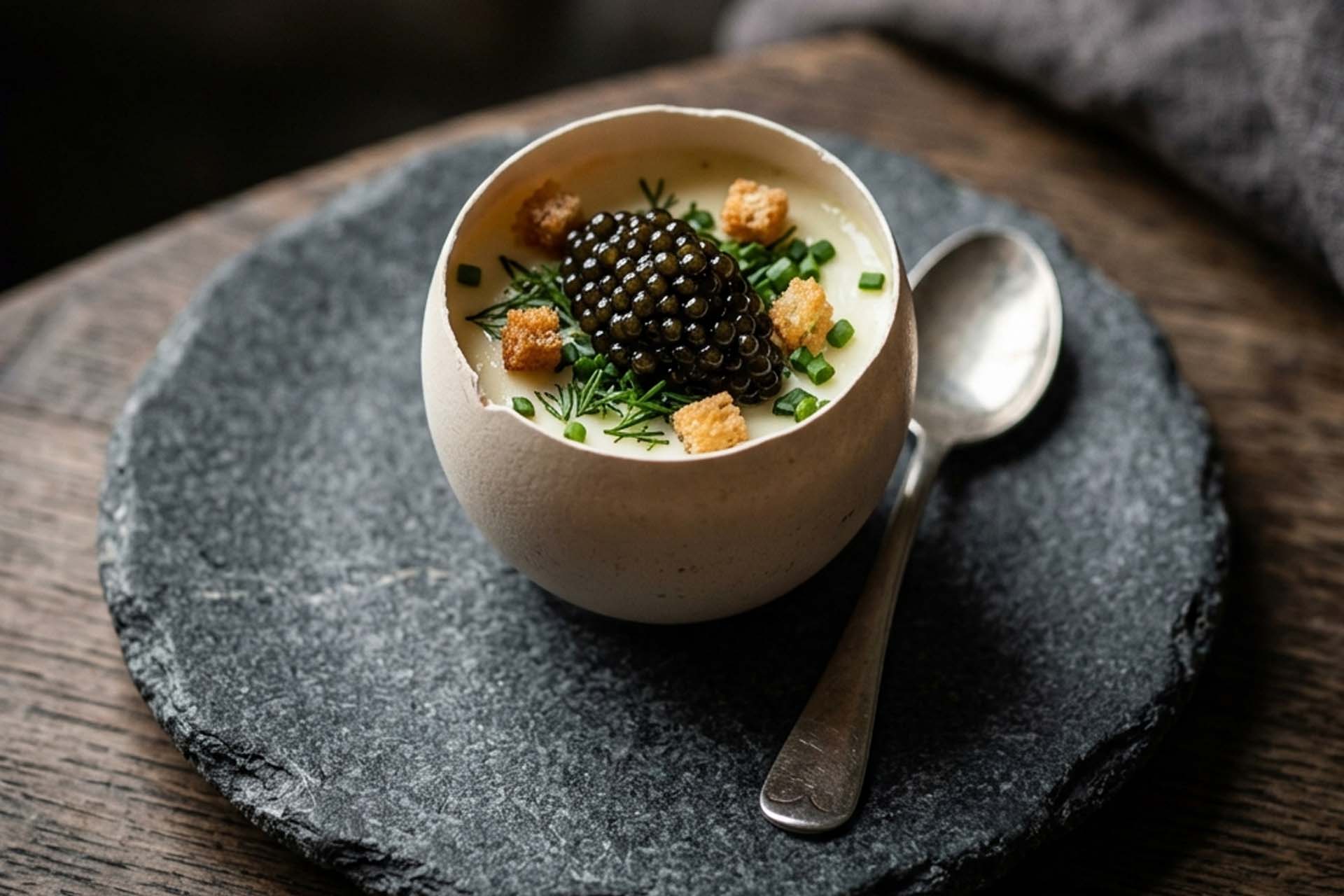 Zacht gestoomd ei met Hollandse garnalen en Asetra kaviaar